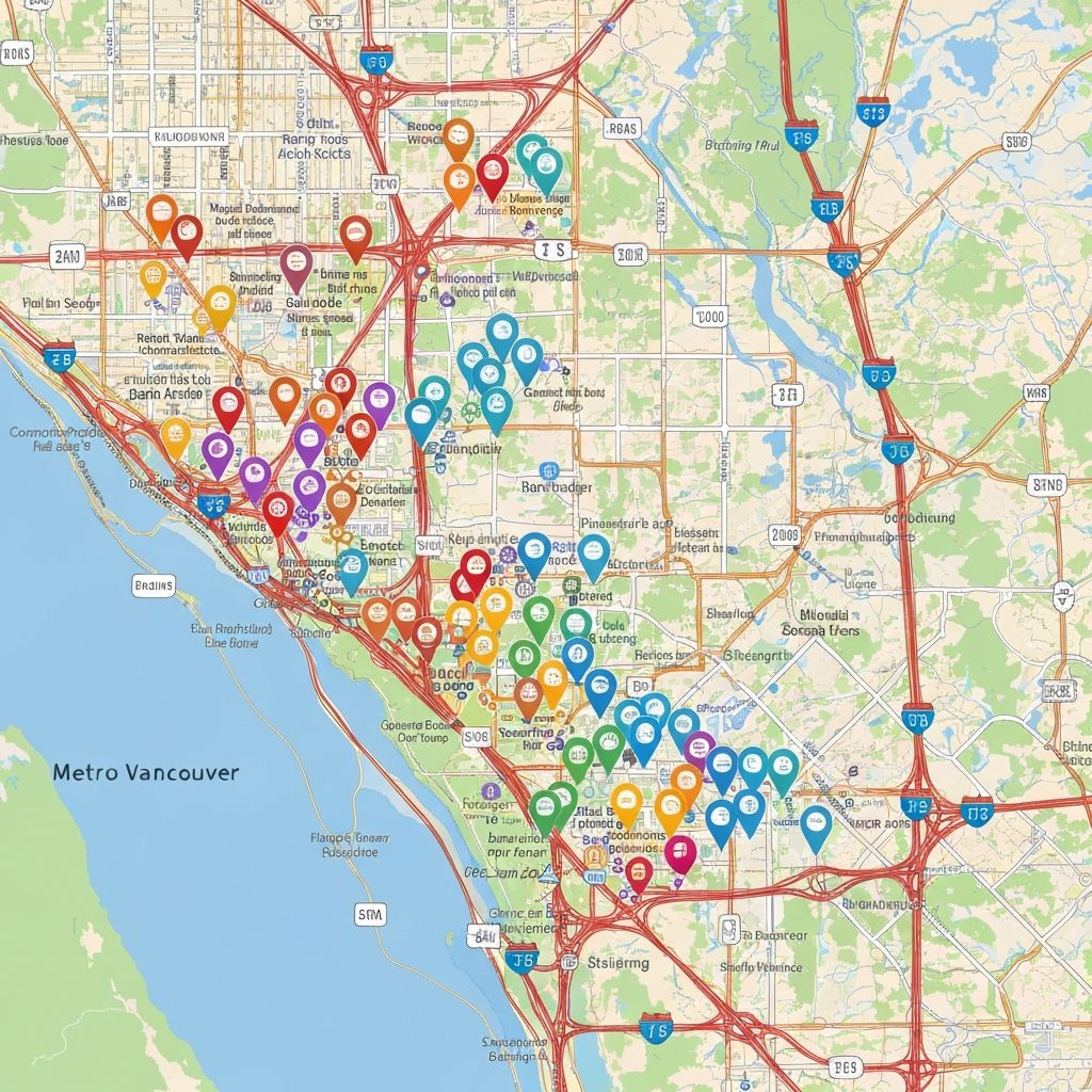VancouverHeatPump.com service area map covering Metro Vancouver and Lower Mainland
